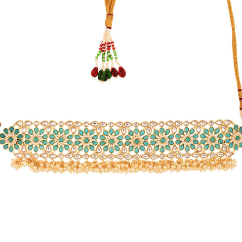 Gold Toned Mint & White Kundan AD studded Pearl beadded Choker Jewellery Set