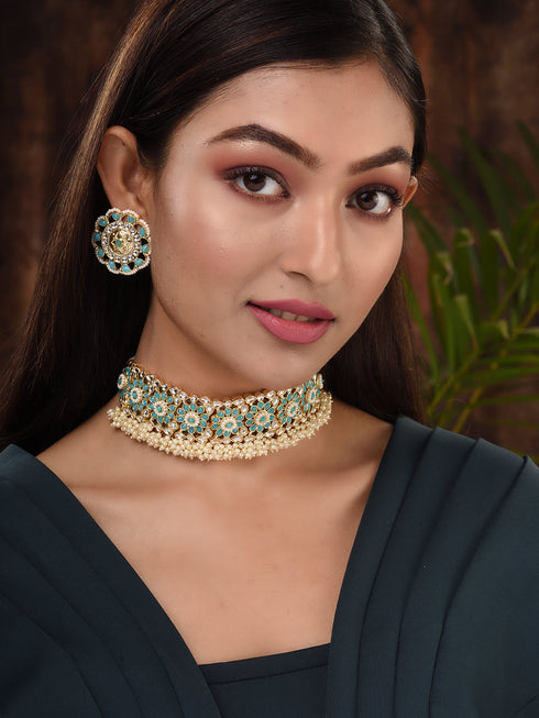 Gold Toned Mint & White Kundan AD studded Pearl beadded Choker Jewellery Set