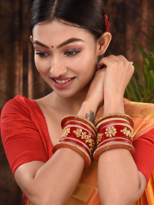 Gold Plated set Of 2 Matching Red Bangles kundan studded Bridal designer Chuda
