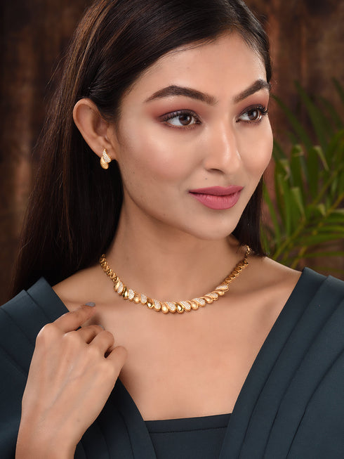 Gold Toned AD Studded Minimal Designer Necklace Jewellery Set