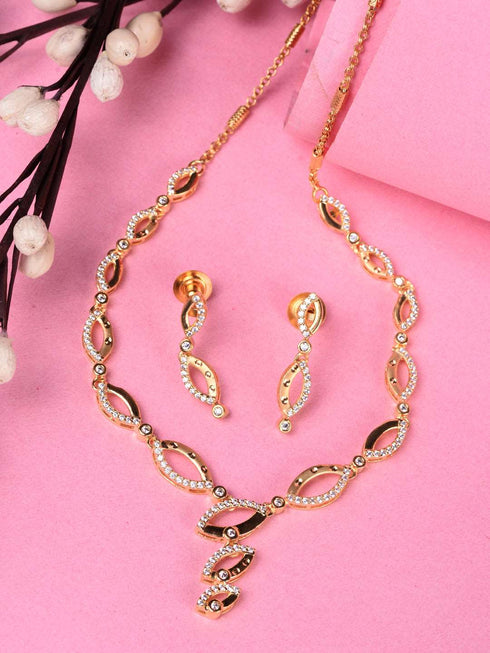 Gold Plated AD Studded Minimal Delicate Necklace Jewellery Set