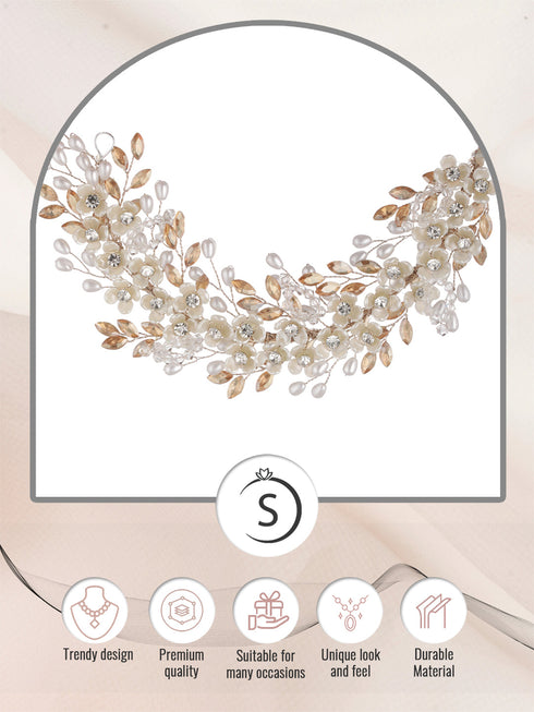 Gold Toned Off White Floral Pearl Embellished Hair Styling Tiara
