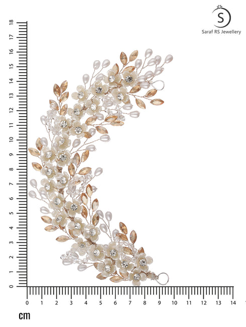 Gold Toned Off White Floral Pearl Embellished Hair Styling Tiara
