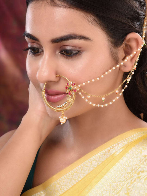 Gold Plated Red & White Pearl Beaded &Studded Bridal Nose Ring