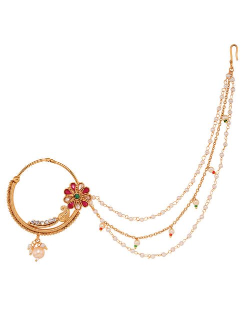 Gold Plated Red & White Pearl Beaded &Studded Bridal Nose Ring