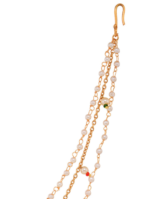 Gold Plated Red & White Pearl Beaded &Studded Bridal Nose Ring