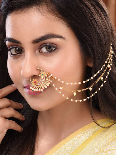 Gold plated Red& White Pearl Beaded Floral Nose Ring