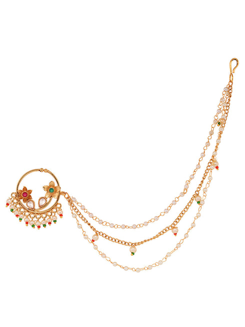 Gold plated Red& White Pearl Beaded Floral Nose Ring
