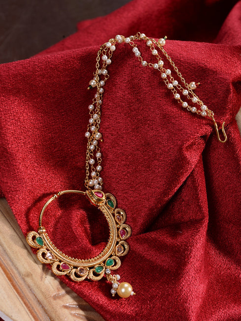 Gold Toned Pearl Beaded & kundan Studded Jodha Nose Ring Chain