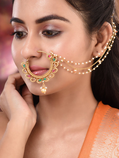 Gold Toned Pearl Beaded & kundan Studded Jodha Nose Ring Chain
