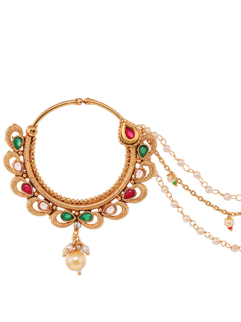 Gold Toned Pearl Beaded & kundan Studded Jodha Nose Ring Chain