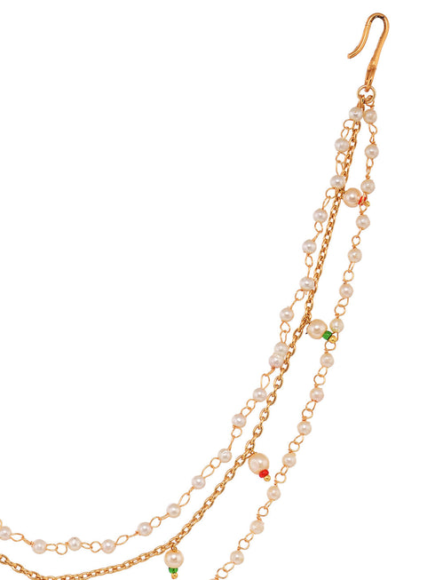 Gold Toned Pearl Beaded & kundan Studded Jodha Nose Ring Chain