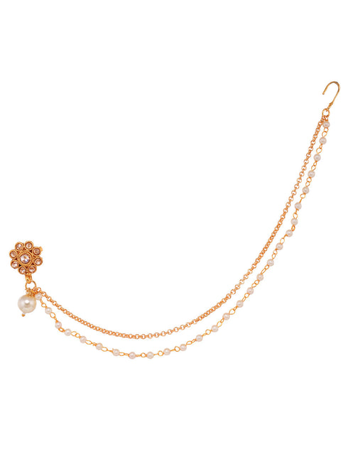 Gold Plated White Stone Studded & Pearl Nose Ring Nath