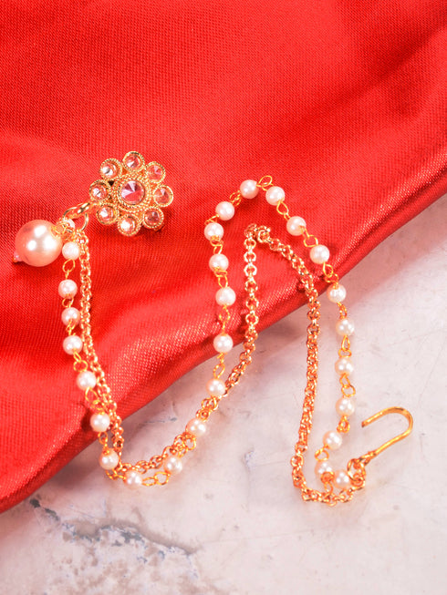 Gold Plated White Stone Studded & Pearl Nose Ring Nath