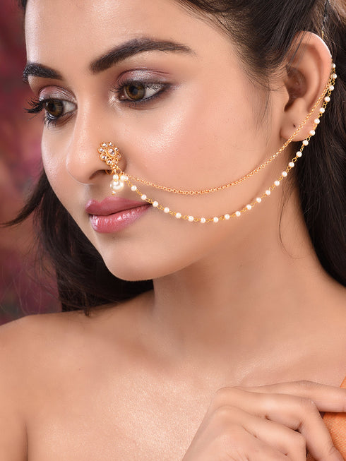 Gold Plated White Stone Studded & Pearl Nose Ring Nath