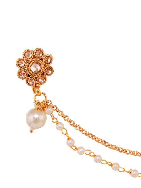 Gold Plated White Stone Studded & Pearl Nose Ring Nath