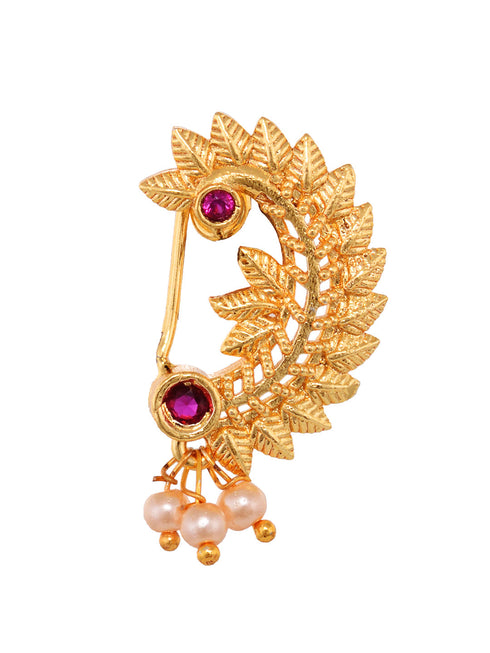 Gold toned Red stone Studded Marathi Nath Nosepin
