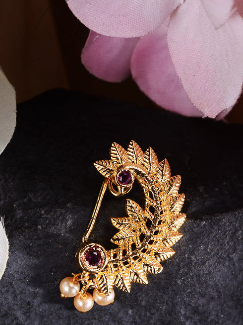 Gold toned Red stone Studded Marathi Nath Nosepin
