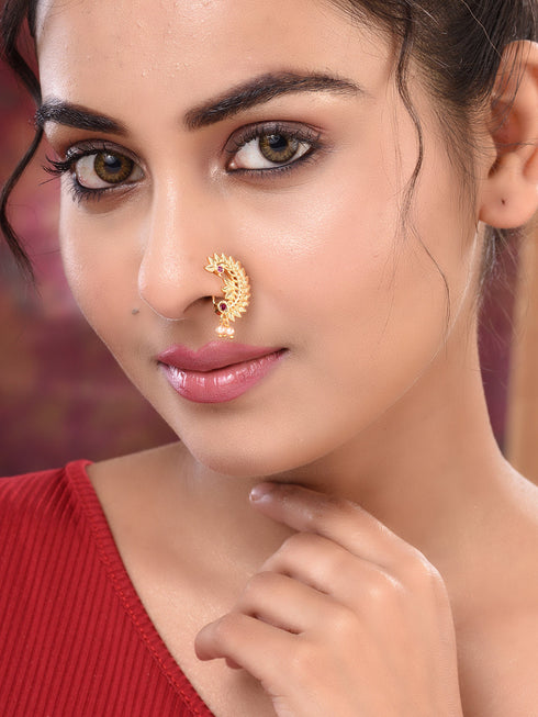 Gold toned Red stone Studded Marathi Nath Nosepin
