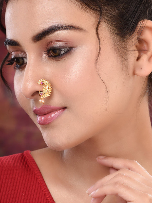 Gold toned Red stone Studded Marathi Nath Nosepin