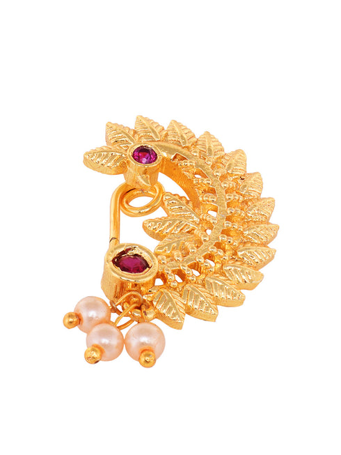 Gold toned Red stone Studded Marathi Nath Nosepin
