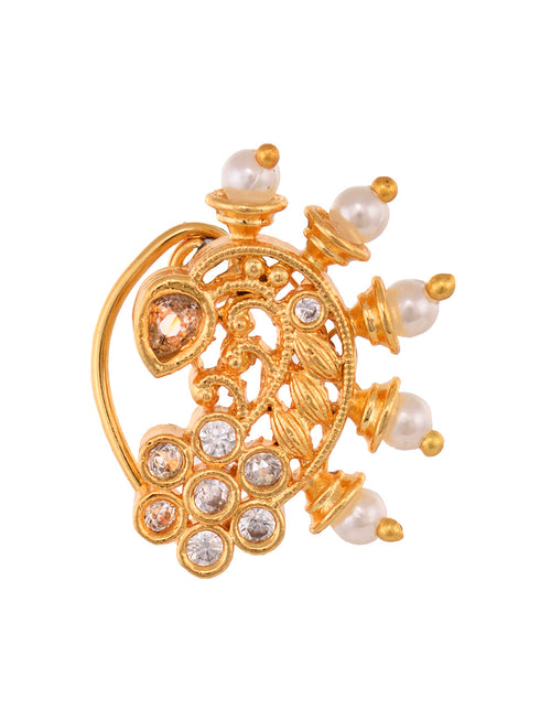 Gold Plated White Stone Studded & Beaded Motyanchi Nath Nosepin