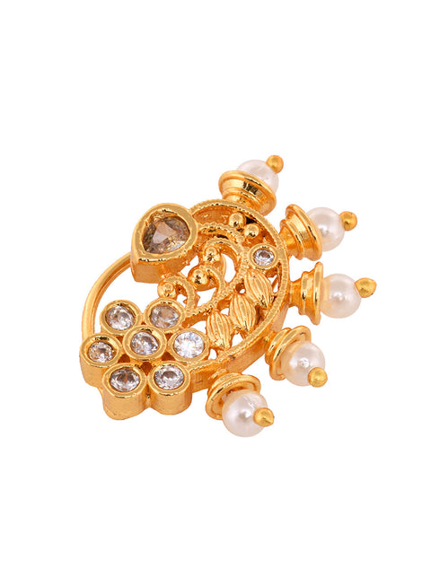 Gold Plated White Stone Studded & Beaded Motyanchi Nath Nosepin