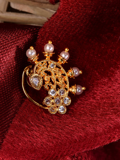 Gold Plated White Stone Studded & Beaded Motyanchi Nath Nosepin