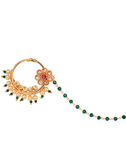 Gold Plated Studded & Beaded Floral Nose Ring Chain