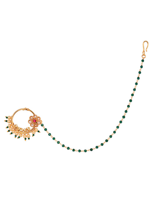 Gold Plated Studded & Beaded Floral Nose Ring Chain