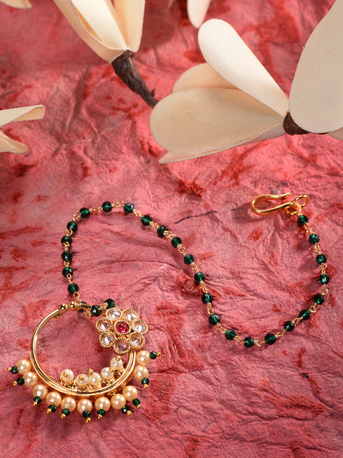 Gold Plated Studded & Beaded Floral Nose Ring Chain