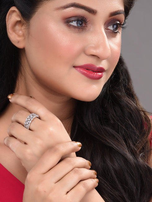 Silver Plated White CZ Studded Band Finger Ring