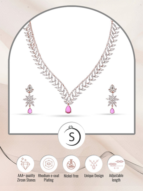 Rose Gold Plated Red AD Studded Statement Necklace Jewellery Set