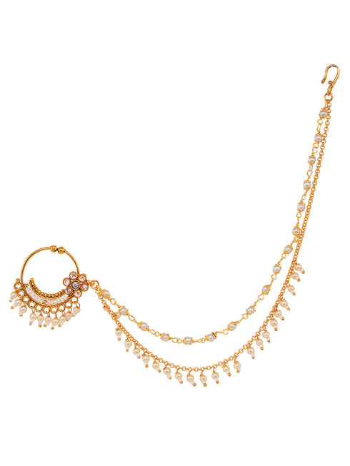 Gold Toned White Pearl Beaded Designer Nath Nose Ring Chain