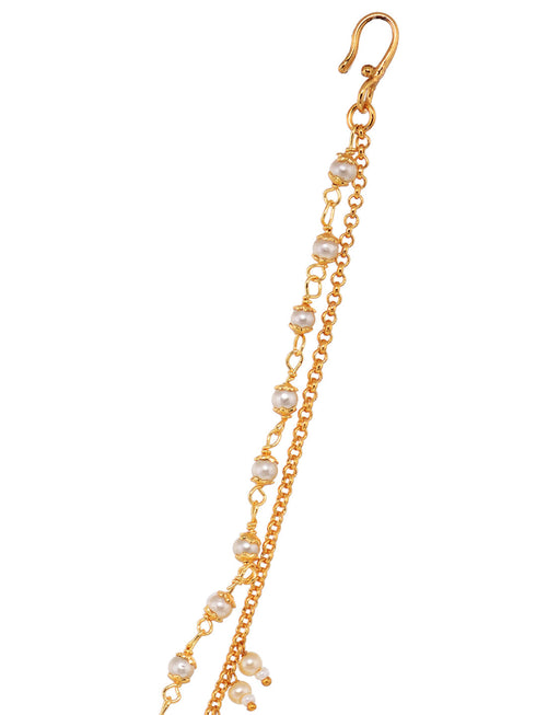 Gold Toned White Pearl Beaded Designer Nath Nose Ring Chain