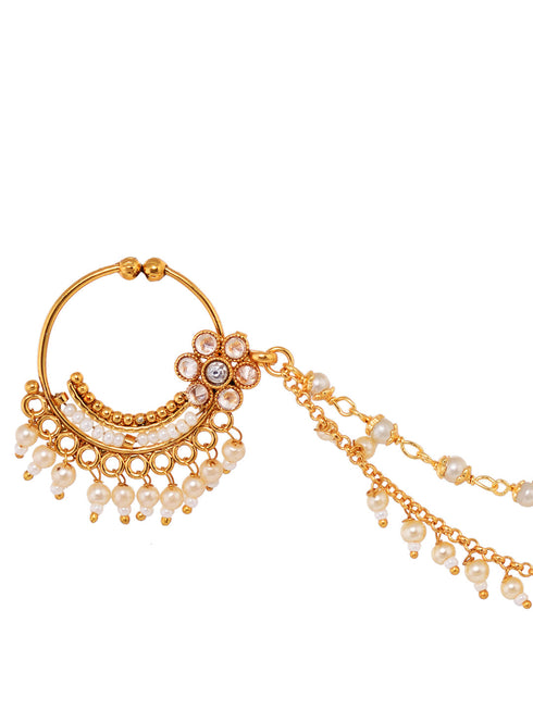 Gold Toned White Pearl Beaded Designer Nath Nose Ring Chain