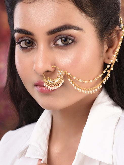 Gold Toned White Pearl Beaded Designer Nath Nose Ring Chain