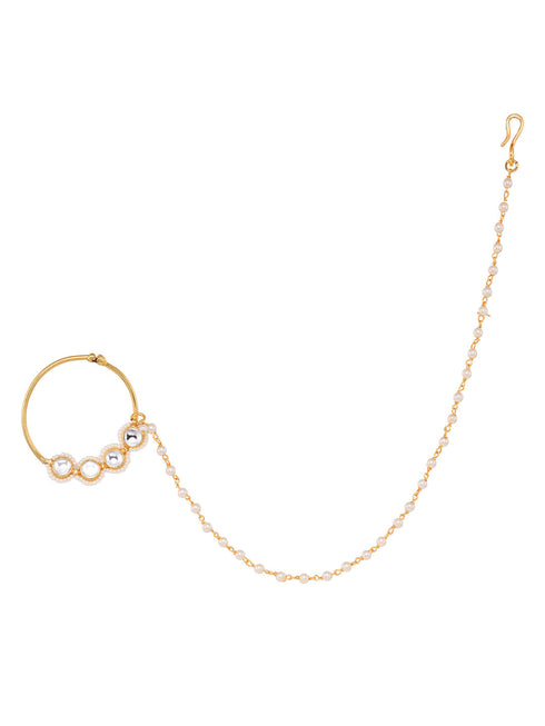 Gold Plated White Polki Studded & Beaded Exquisite Nath Chain
