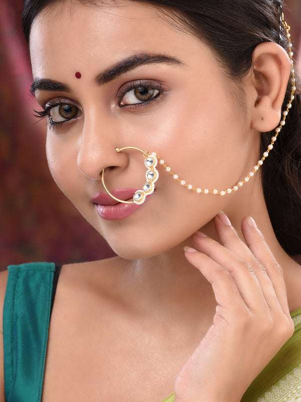 Gold Plated White Polki Studded & Beaded Exquisite Nath Chain