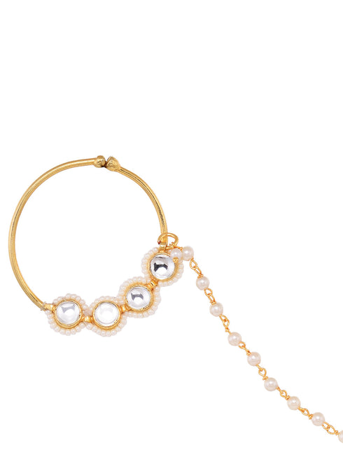 Gold Plated White Polki Studded & Beaded Exquisite Nath Chain