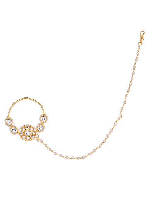 Gold Plated White Kundan Studded Floral Design Nath for Modern Brides