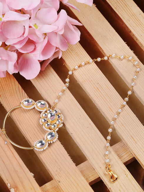 Gold Plated White Kundan Studded Floral Design Nath for Modern Brides