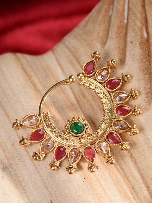 Gold Plated Red Polki Studded Modern Nose Ring