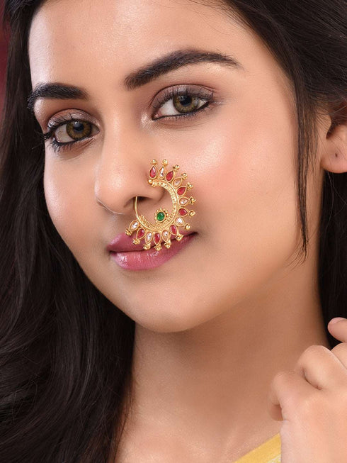 Gold Plated Red Polki Studded Modern Nose Ring