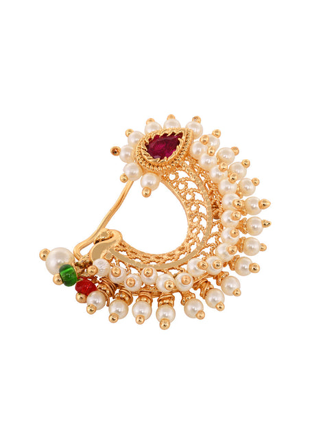Gold Plated White Pearl Beaded Peshwai Moti Nath
