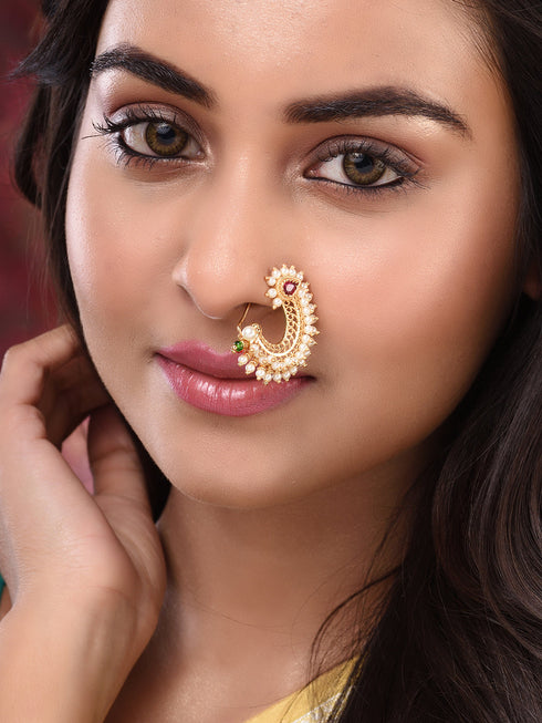 Gold Plated White Pearl Beaded Peshwai Moti Nath