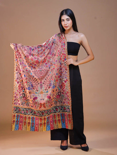 Women's Pure Wool Faux Pashmina Kalamkari Printed Embroidery Stole