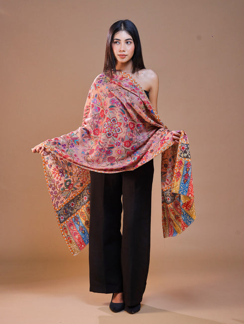 Women's Pure Wool Faux Pashmina Kalamkari Printed Embroidery Stole