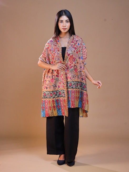 Women's Pure Wool Faux Pashmina Kalamkari Printed Embroidery Stole