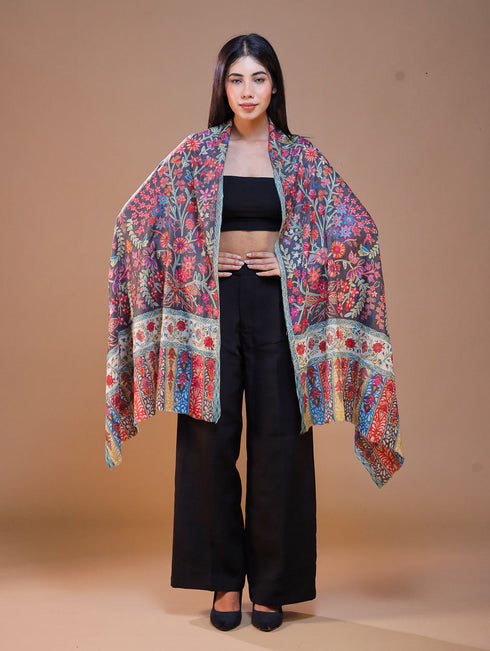 Women's Pure Wool Faux Pashmina Kalamkari Printed Embroidery Stole